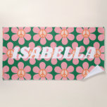 Toalha De Praia Nome Personalizado Verde da Flor de Paz de Hippie<br><div class="desc">Retro Hippie Peace Flower Green Personalized Name Beach Towel</div>