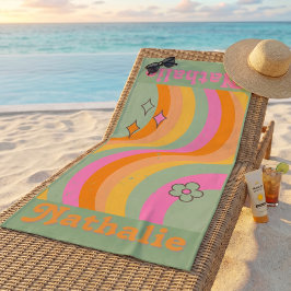 Toalha De Praia Nome Personalizado Vintage Colorido Retro Funky -