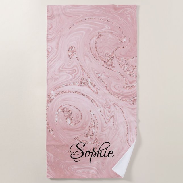Toalha De Praia Nome Rosa Brilhante Girly Sparkle rosa Dourado (Frente)