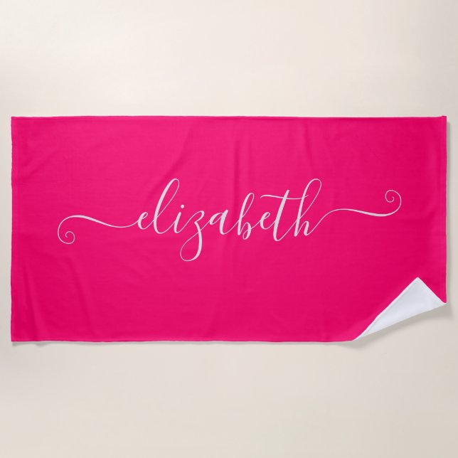 Toalha De Praia Nome rosa-quente Elegante Monograma Beach Towel (Frente)