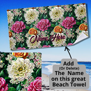 Toalha De Praia Nome Tapeçaria Ilustração Rosa Dourada Flores Bran