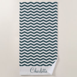 Toalha De Praia Nome verde-teal pastel em listra zigue-zague geomé