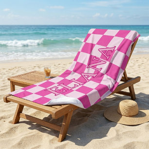 Toalha De Praia Nome Xadrez Rosa e Branco Personalizado