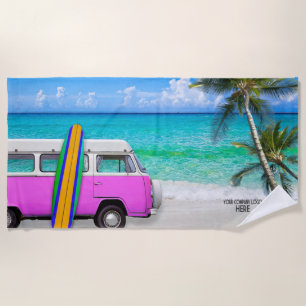 Toalha De Praia O logotipo da sua empresa Beach Pink Van & Surfboa