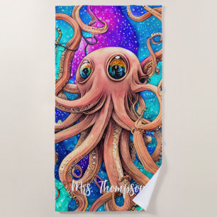 Toalha De Praia Octopus de Aquarela com Nome Personalizado