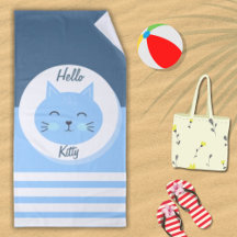 Olá, Gatinho Beach Towel White e Blue Color Mix