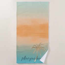 Toalha De Praia Ombre de palmeira tropical Dourada de Aqua Peach  
