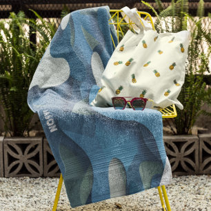 Toalha De Praia Ondas de Camuflagem Azul Retrô Monograma Moderno