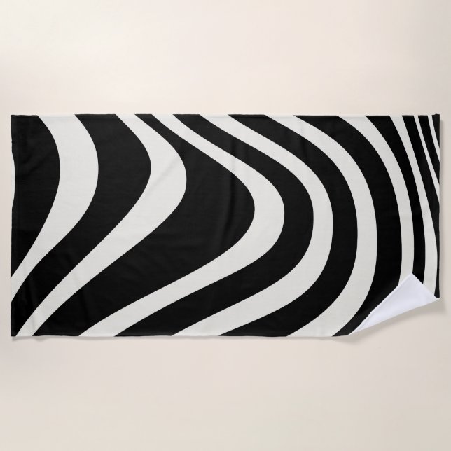 Toalha De Praia Ondas de estilo retrô preto e branco (Frente)