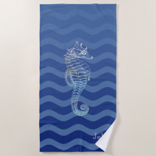 Toalha De Praia Ondas de Listra Azul Marinho Cavalo-Marinho