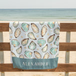 Toalha De Praia Ostra e Pérolas de Aquarela Costeira Personalizada<br><div class="desc">Esta toalha de praia cônica costeira apresenta sorvete macio e ilustrações de ostra aqua aqua-aquarela e pérolas. Perfeito para casas de praia,  abodes costeiros,  ou qualquer pessoa que ame ostras e marisco fresco. Personalize com um nome de família ou um monograma no fundo.</div>