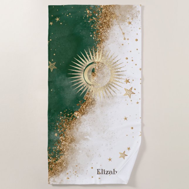 Toalha De Praia Ouro Celestial Sol E Lua Estrelas Verde (Frente)