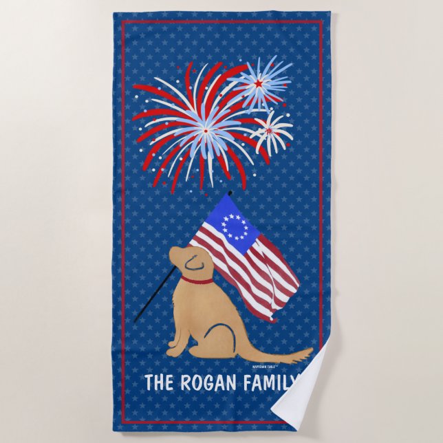 Toalha De Praia Ouro Retriever Dog American Flag Towel (Frente)
