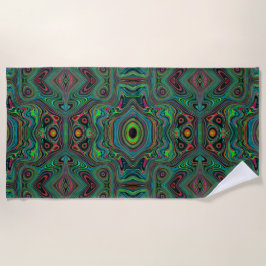 Toalha De Praia Padrão Abstrato Trippy Retro Preto e Verde Lima