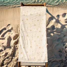 Toalha De Praia Padrão contínuo de arte linear floral em ouro eleg