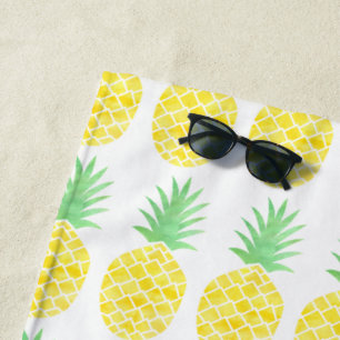 Toalha De Praia Padrão de abacaxi amarelo e verde aquarela