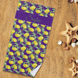 Toalha De Praia Padrão de aquarela do limão amarelo-russo púrpura