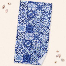 Toalha De Praia Padrão de Azulejo Branco Azul Mediterrâneo em Aqua