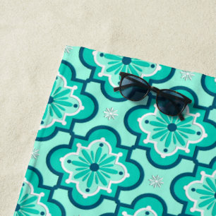 Toalha De Praia Padrão de Azulejo marroquino, Aqua e Turquesa