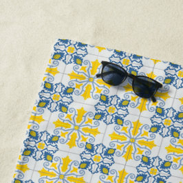 Toalha De Praia Padrão de azulejos bonito portugueses azuis e amar