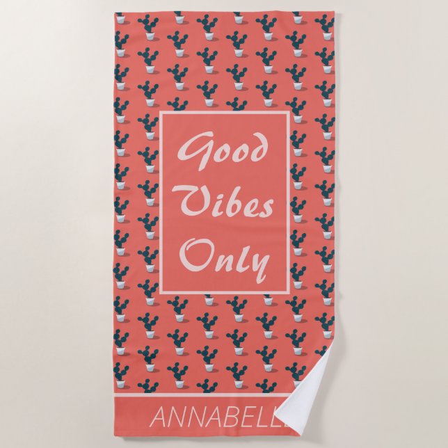 Toalha De Praia Padrão de Cactus em boas vibrações em corais apena (Frente)