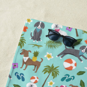 Toalha De Praia Padrão de Cão Tropical  Monograma  Aqua