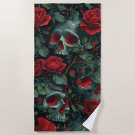 Toalha De Praia Padrão de Caveira e Rosas Vermelhas – Design Flora