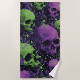 Toalha De Praia Padrão de Caveira em Verde e Roxo no Estilo Grunge