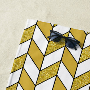 Toalha De Praia Padrão de Chevon de Herringbone Dourado Elegante