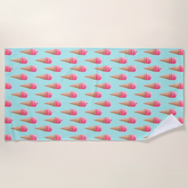 Toalha De Praia Padrão de Cone de Sorvete de Morango Rosa, Azul (Frente)