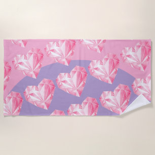 Toalha De Praia Padrão de Coração com Diamante Rosa – Fofo e Elega