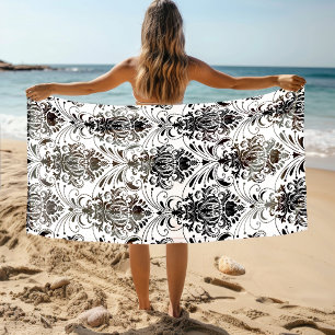 Toalha De Praia Padrão de damasco ornamental vintage branco e pret