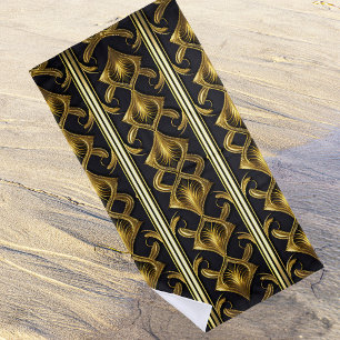 Toalha De Praia Padrão de deco de arte elegante em preto e ouro
