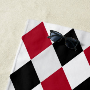 Toalha De Praia Padrão de Diamante de Harlequin Preto e Vermelho