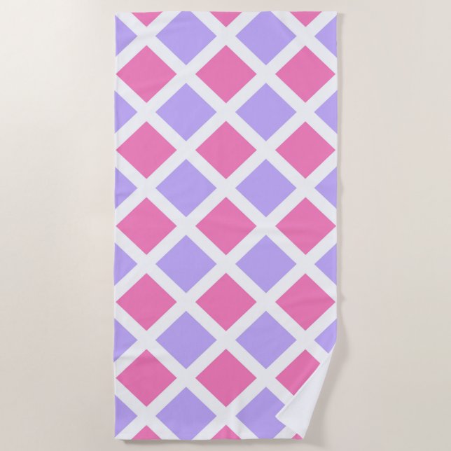 Toalha De Praia Padrão de diamante xadrez branco rosa roxo (Frente)