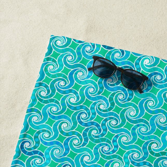Toalha De Praia Padrão de espiral abstrato - Azul, verde Jade e br (In Situ)