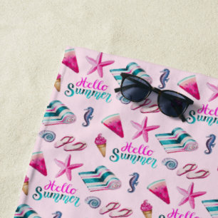 Toalha De Praia Padrão de Férias de Verão Cor-de-Rosa Feminino na
