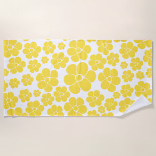 Toalha De Praia Padrão de Flor - Amarelo-Limão e Branco