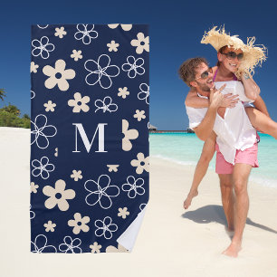 Toalha De Praia Padrão de flor de creme azul-marinho retrô