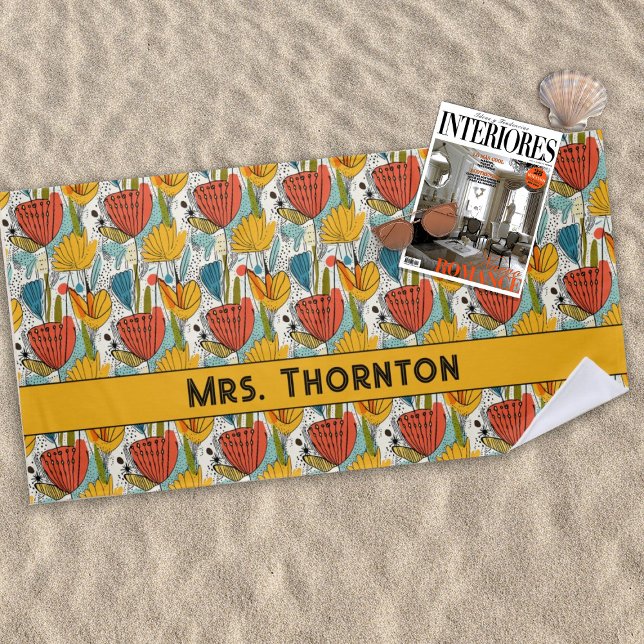 Toalha De Praia Padrão de Flor Dourado e Vermelho do Salto Persona (Criador carregado)