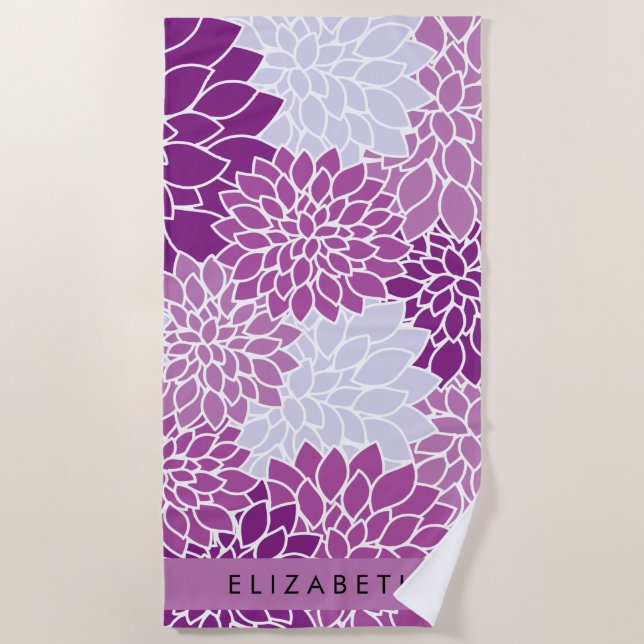 Toalha De Praia Padrão De Flores, Dália Roxa, Seu Nome (Frente)