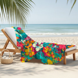 Toalha De Praia Padrão de Flores Tropicais Coloridas