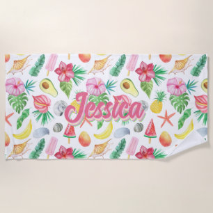 Toalha De Praia Padrão de Flores Tropicais de Aquarela Personaliza