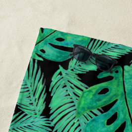 Toalha De Praia Padrão de Folha de Monstera Tropical Preto