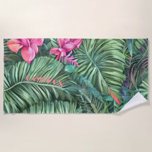 Toalha De Praia Padrão de Folha Rosa Verde Personalizado Praia de 