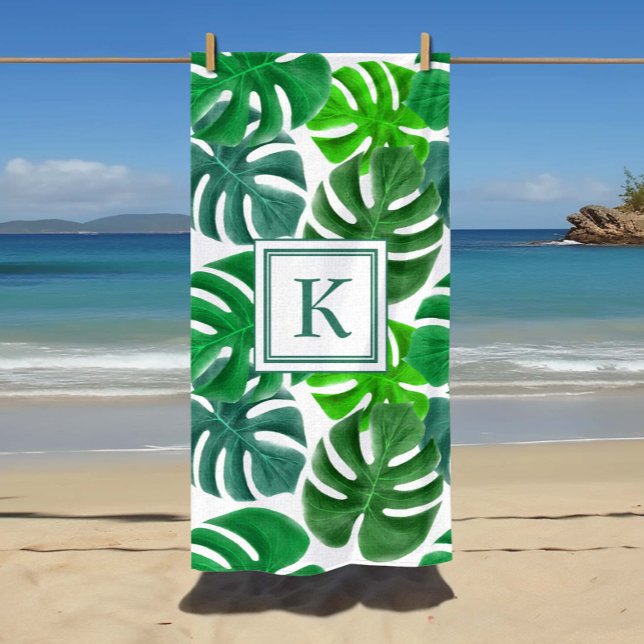 Toalha De Praia Padrão de Folha Tropical de Monograma (Monogram Tropical Palm Leaf Pattern Beach Towel)