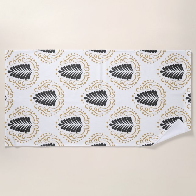 Toalha De Praia Padrão de Folhas de Abstrato de Preto e Dourado (Frente)