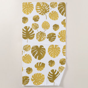 Toalha De Praia Padrão de Folhas Tropicais de Monstera Dourada Mod