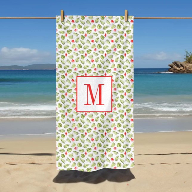 Toalha De Praia Padrão de Folhas Tropicais Monogramas Rosa (Pink Monogrammed Tropical Palm Leaves Pattern Beach Towel)