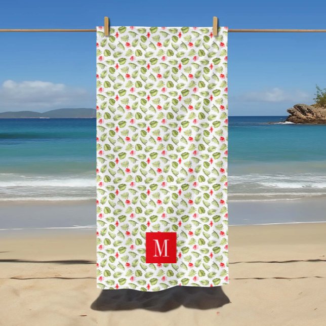 Toalha De Praia Padrão de Folhas Tropicais Monogramas Rosa (Pink Monogrammed Tropical Palm Leaves Pattern Beach Towel)